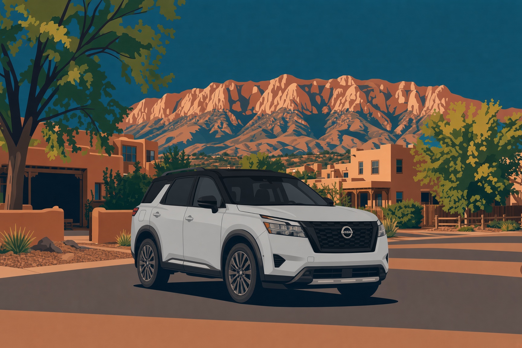 Gray Pathfinder with a black roof on an Albuquerque street, Sandia Mountains behind it