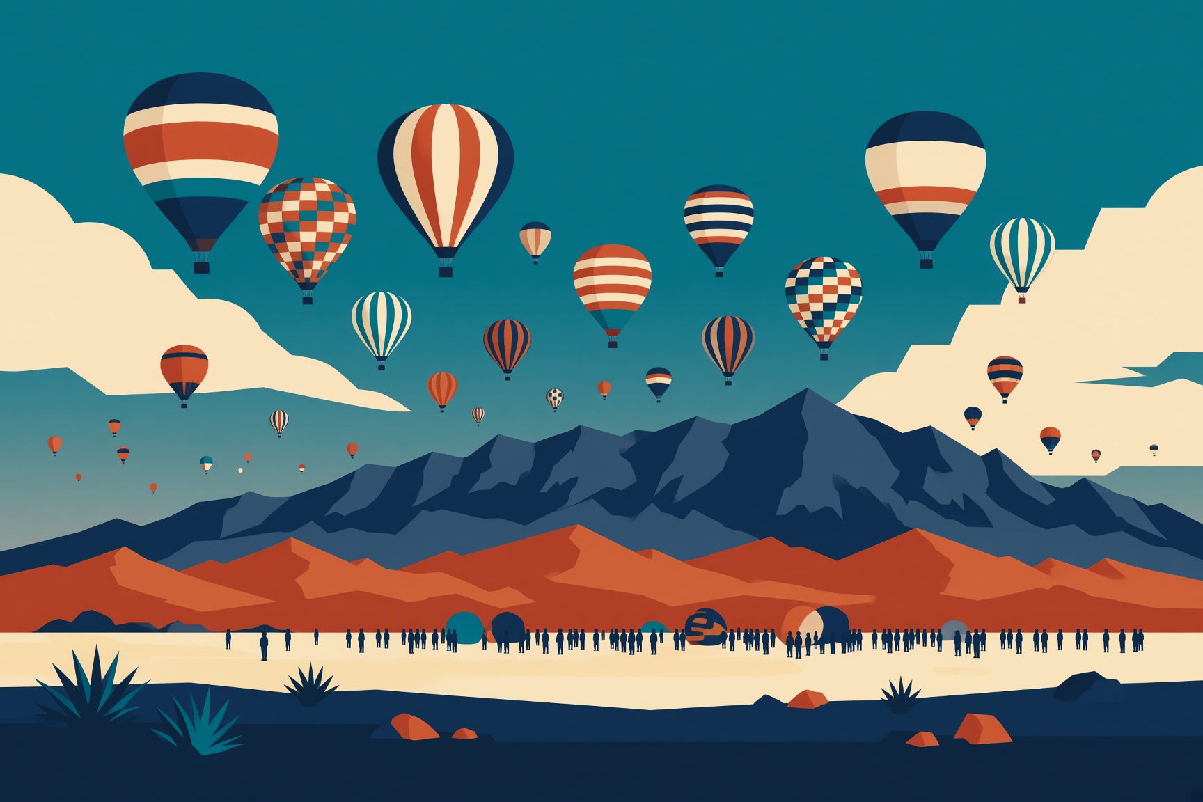 Hot air balloons lifting over a field with the Sandia Mountains behind