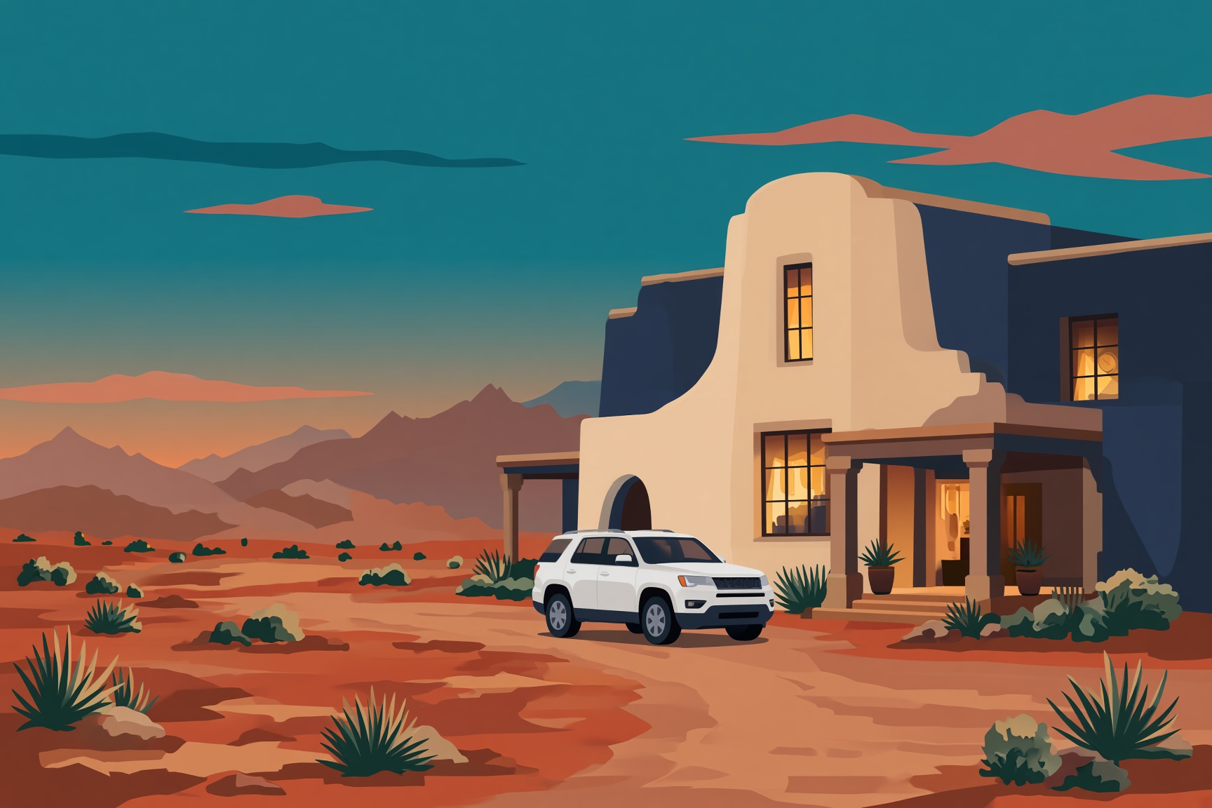 A desert casino at dusk with mountains behind it