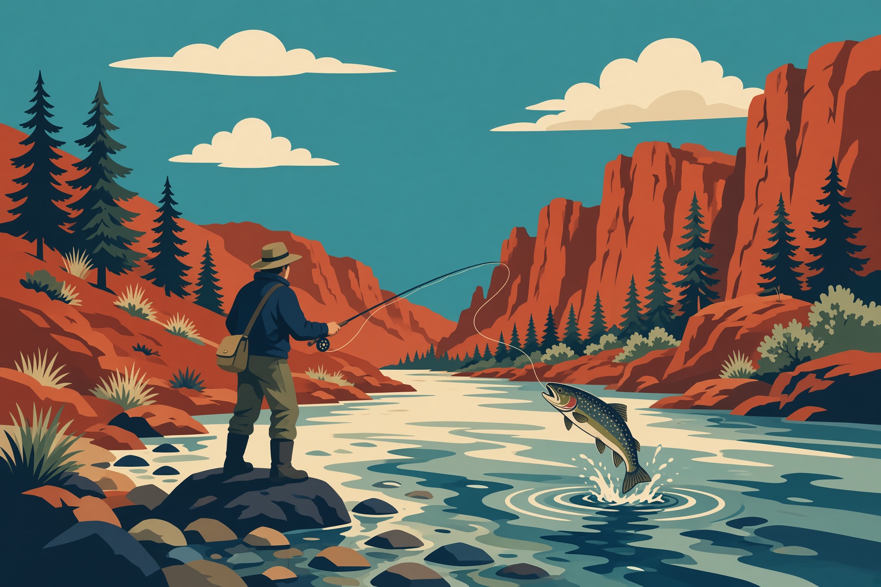 A person fishing a clear river in a red-rock canyon