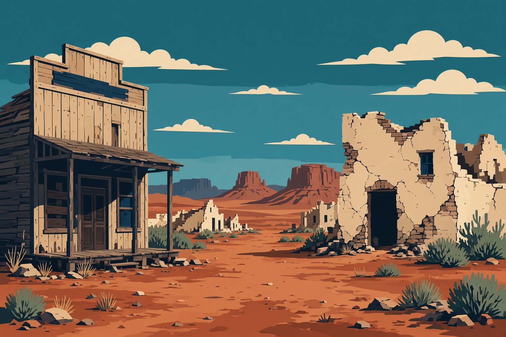 An empty New Mexico ghost town street with a weathered wooden storefront