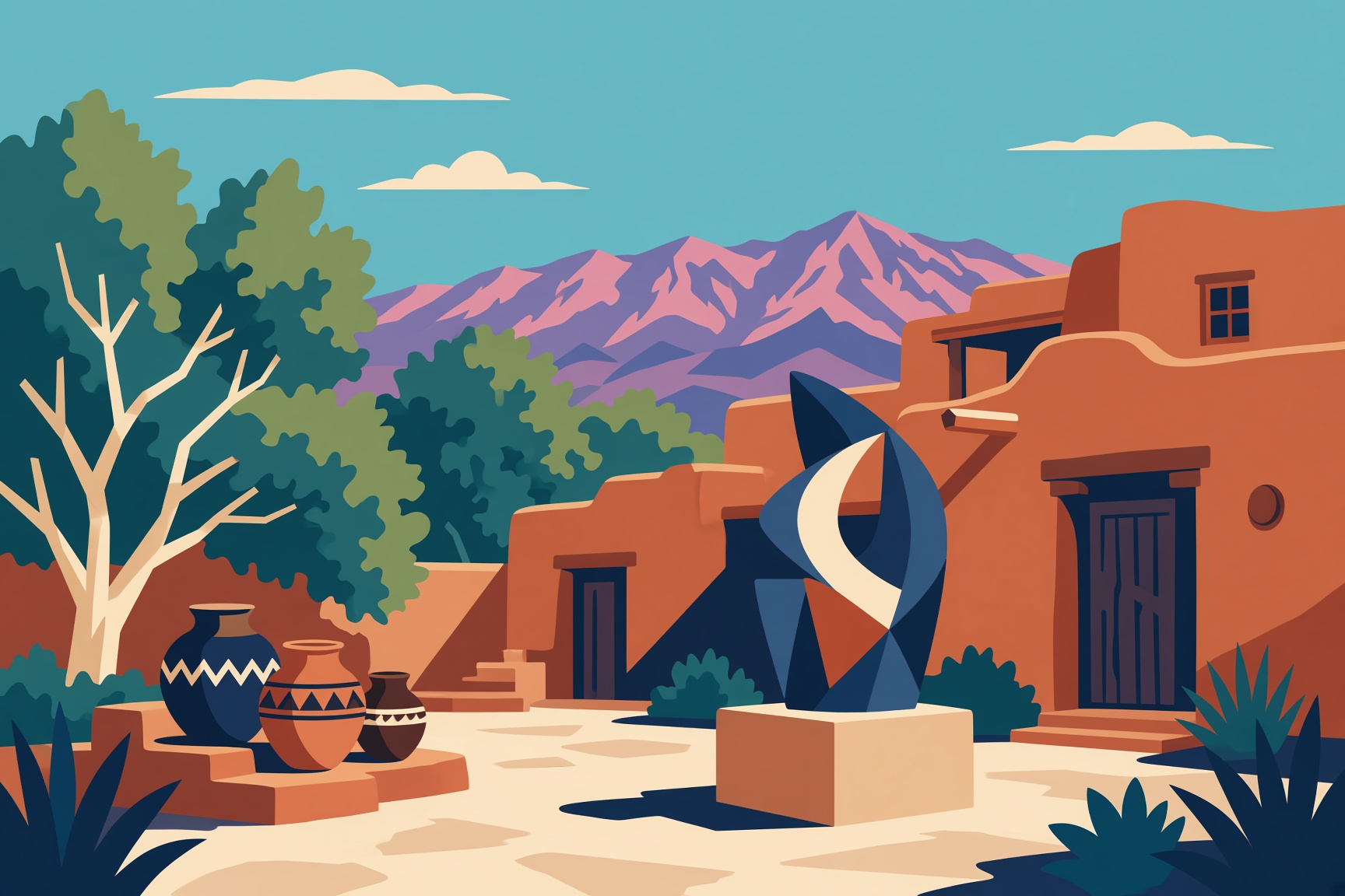 Adobe museum courtyard with pottery and a sculpture, Sandia Mountains behind