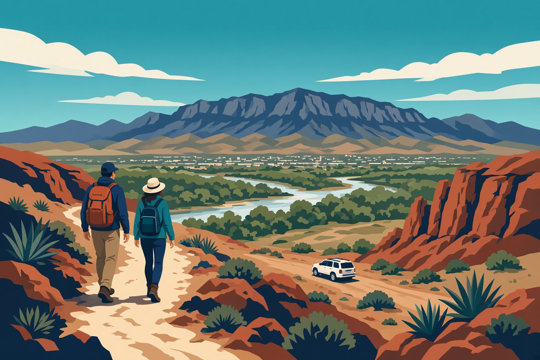 Two hikers on a foothill trail above the Rio Grande bosque