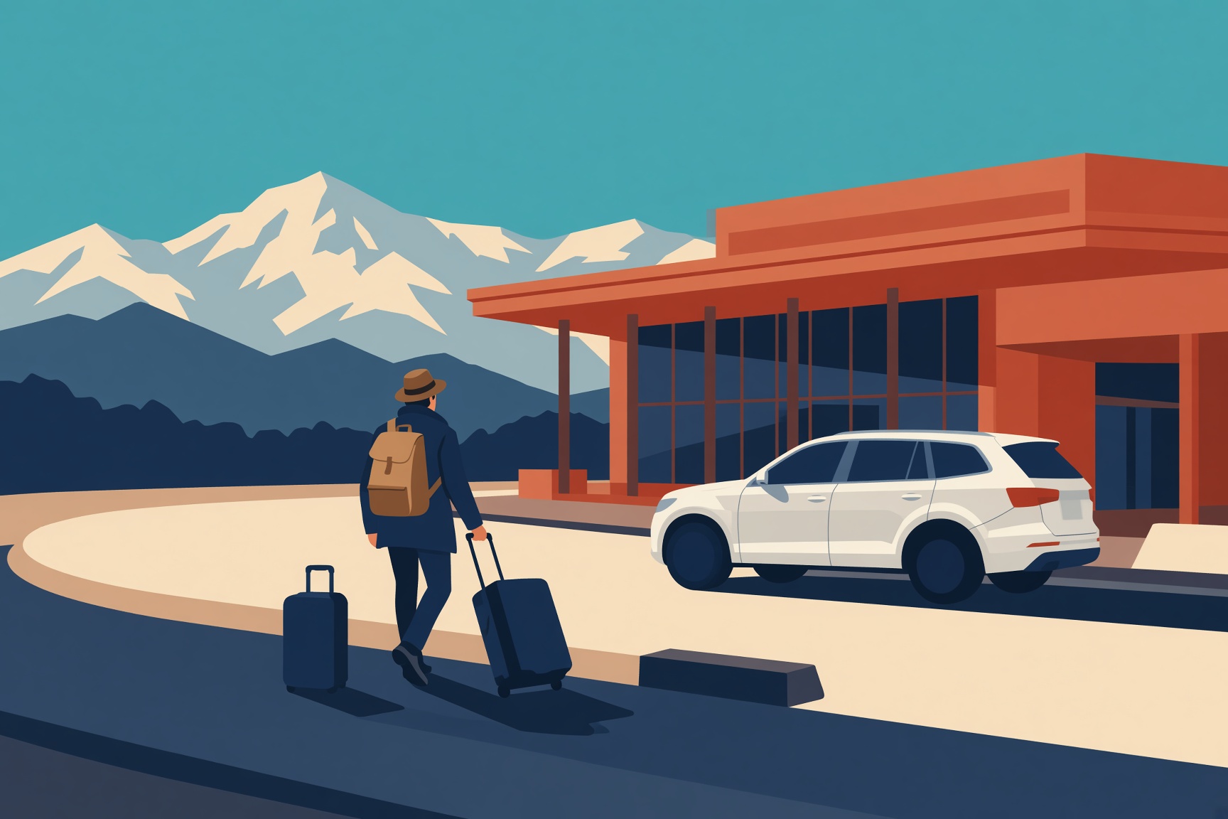 A traveler with suitcases walking to a pearl white SUV at the airport