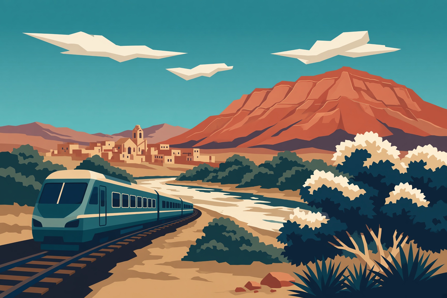 A teal commuter train beside the Rio Grande cottonwoods