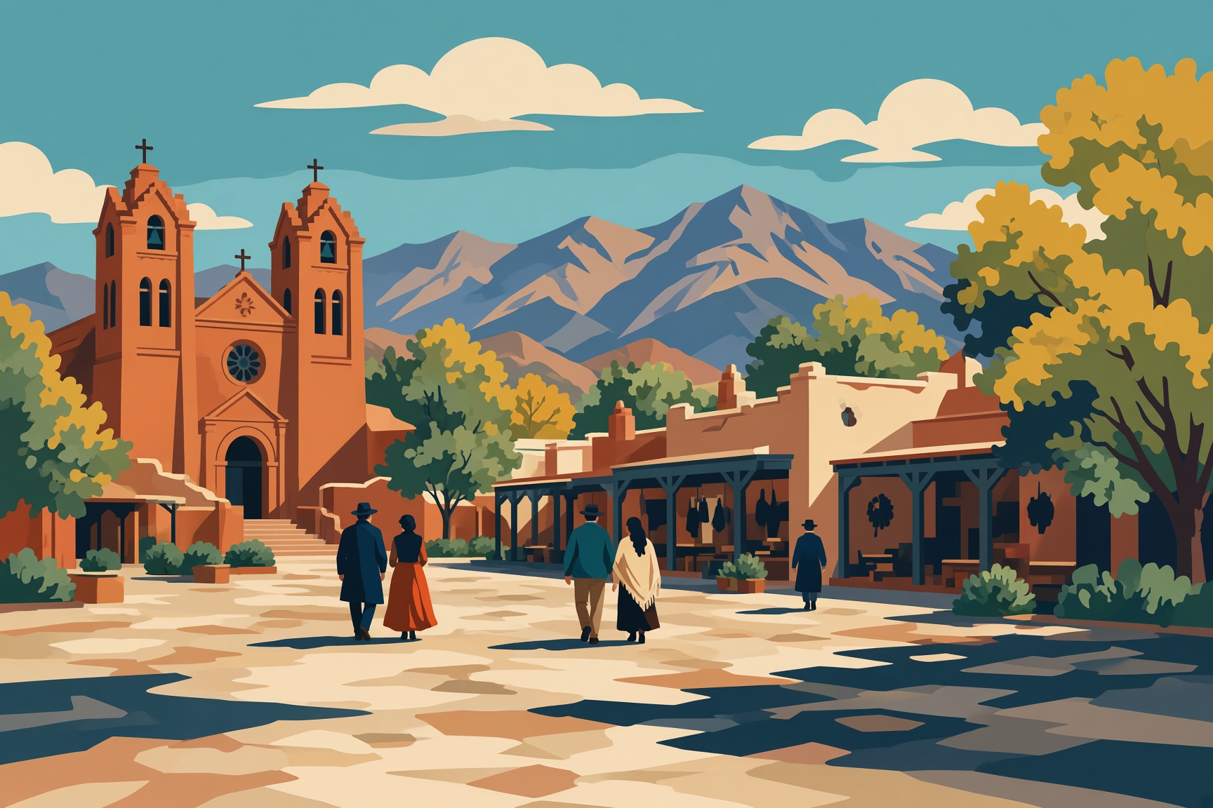 Santa Fe plaza with adobe church towers and portal shops