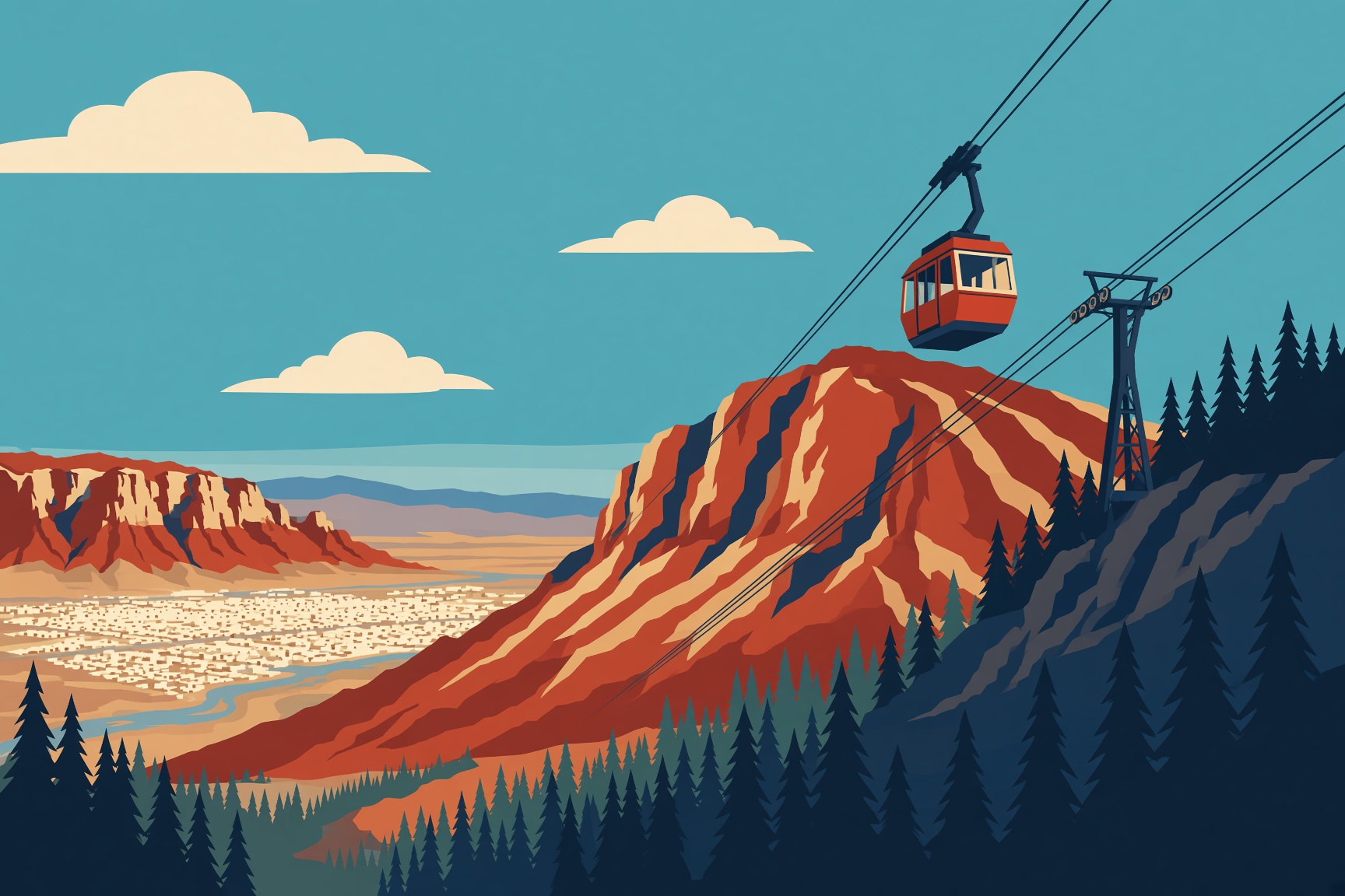A tram car climbing the cable toward Sandia Peak