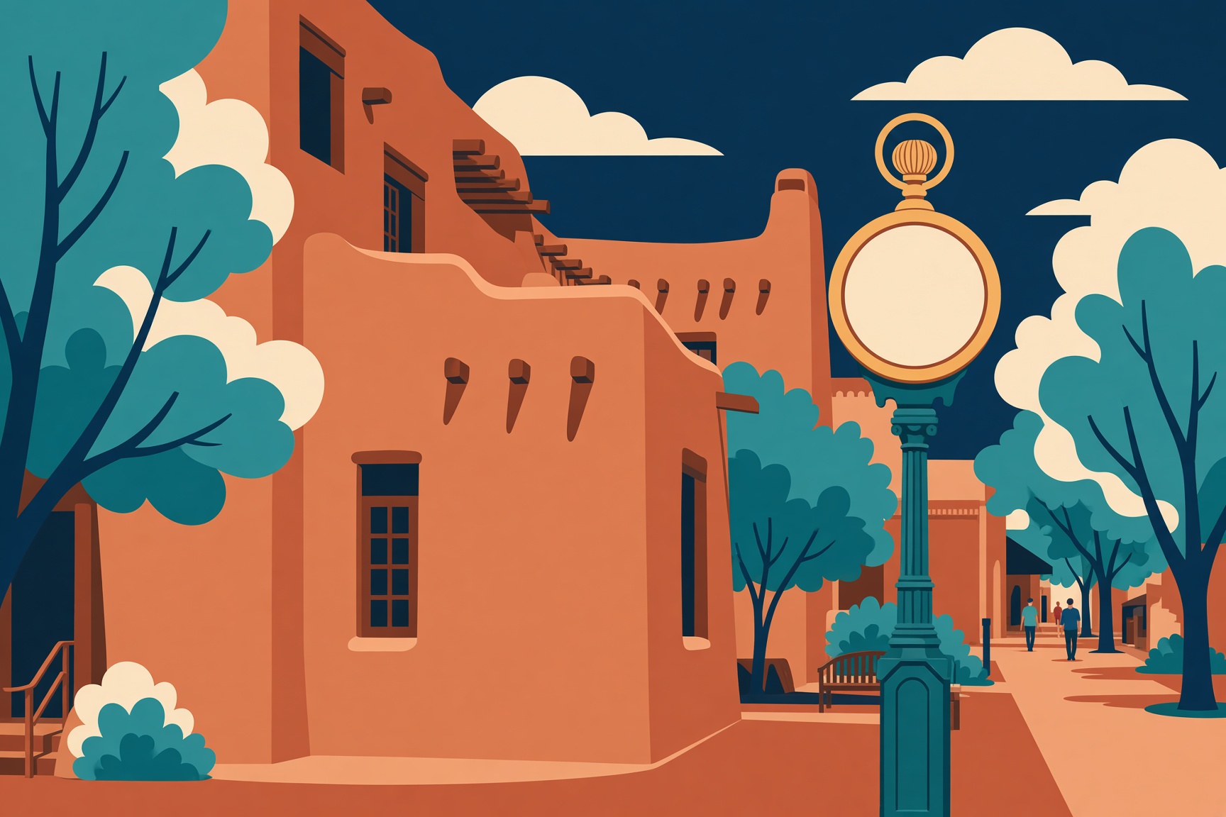Adobe buildings and a street clock in a New Mexico plaza
