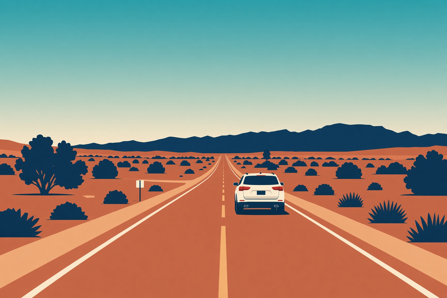 Two-lane desert highway running toward distant mountains