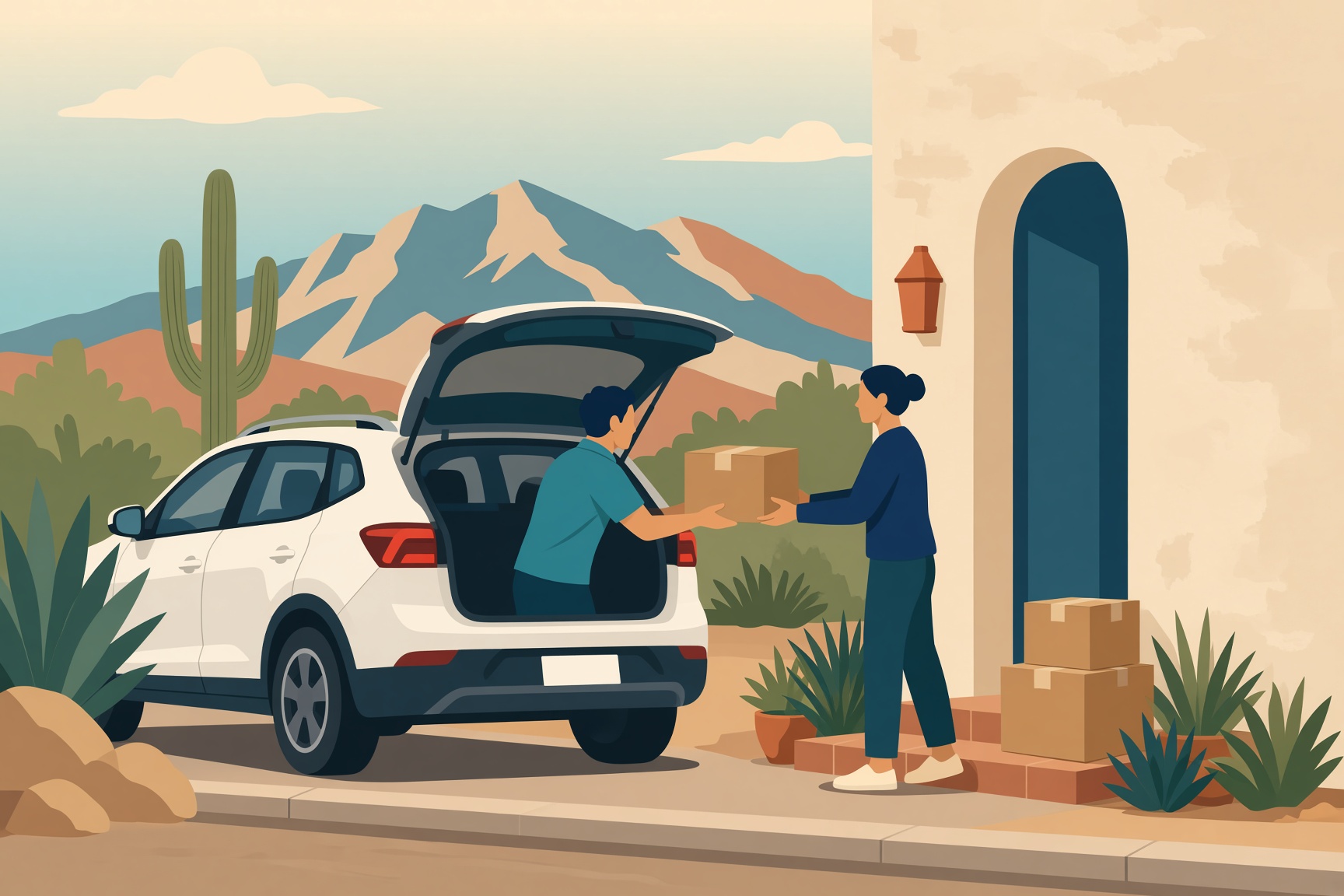 A driver handing a sealed parcel from a white SUV at an adobe doorway