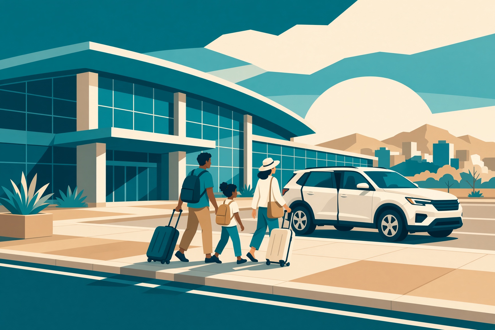 Vector scene of a family walking from the airport terminal to a waiting SUV