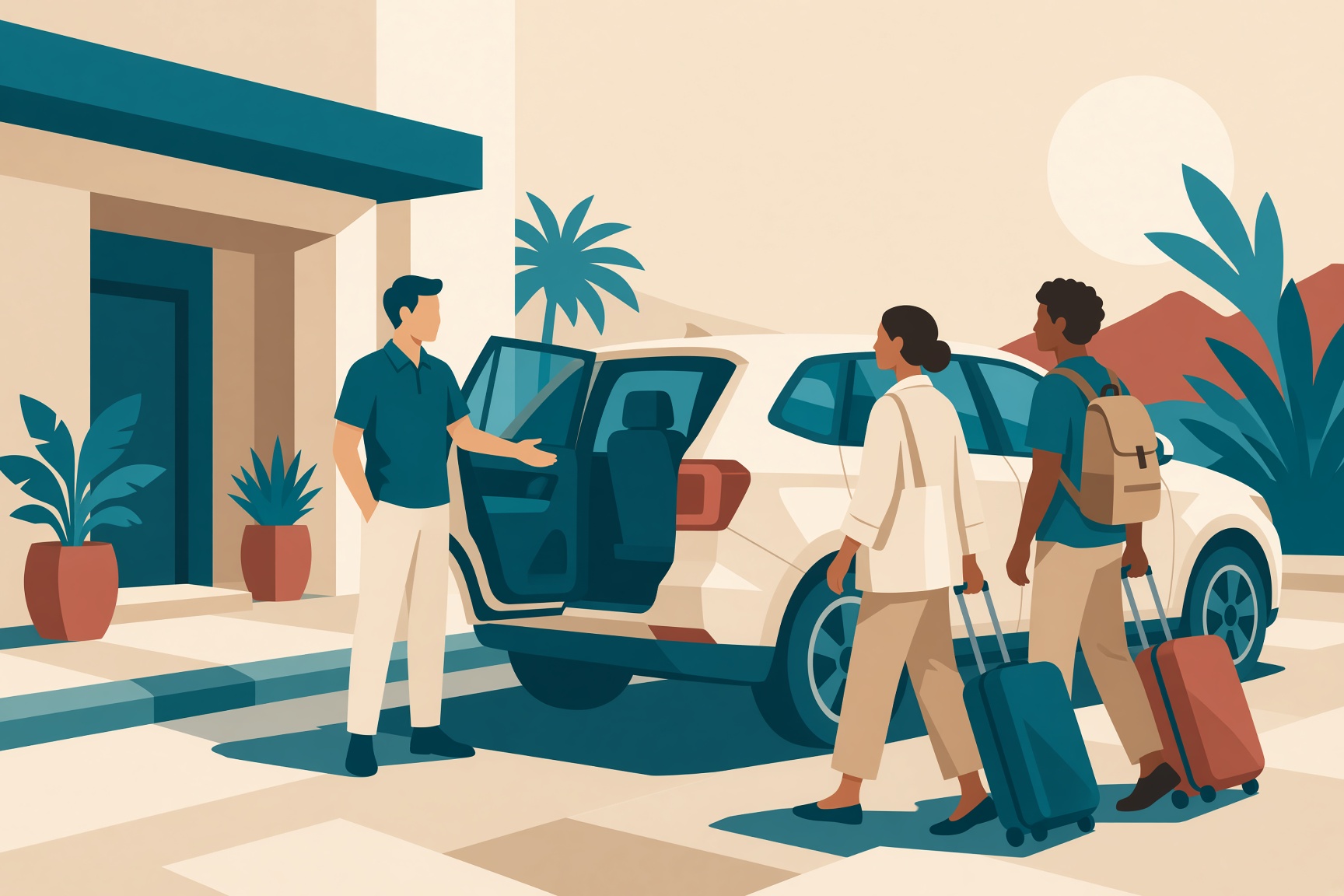 Vector scene of a driver opening an SUV door for two travelers with suitcases