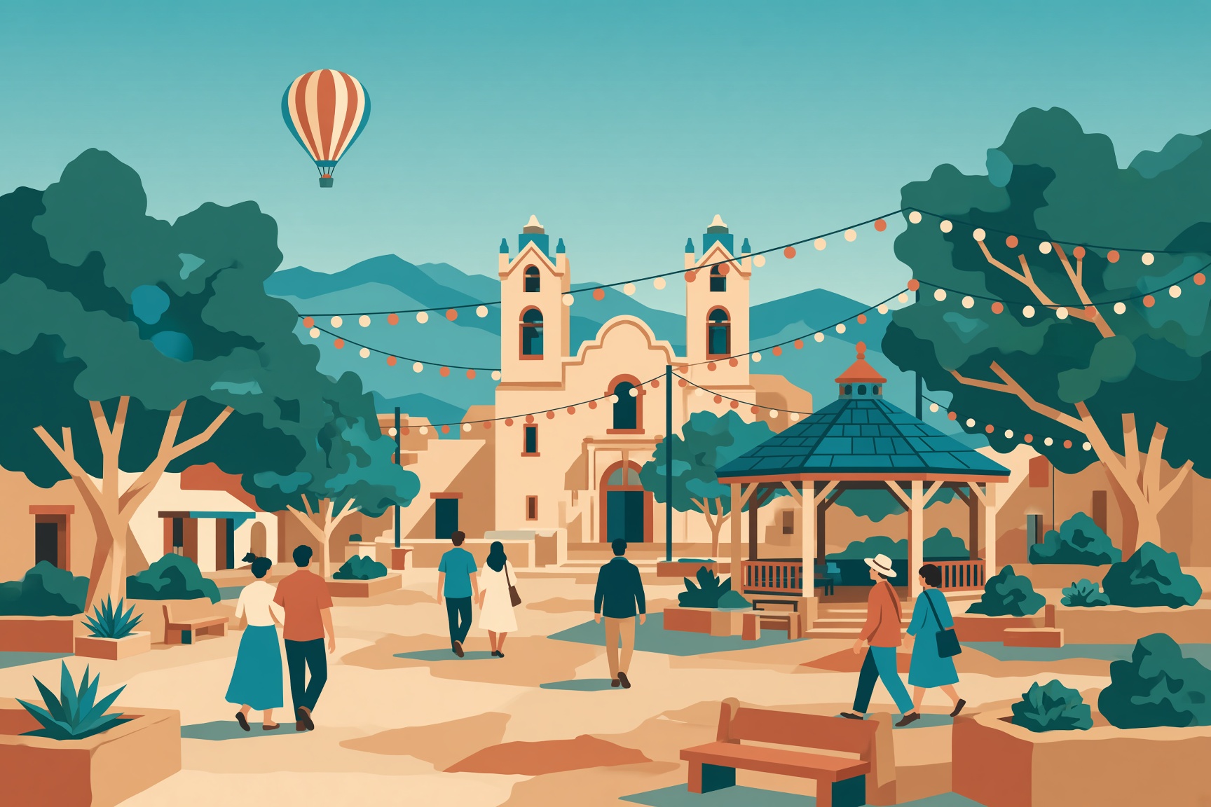 Vector scene of Old Town plaza, the adobe church, and a balloon over the cottonwoods