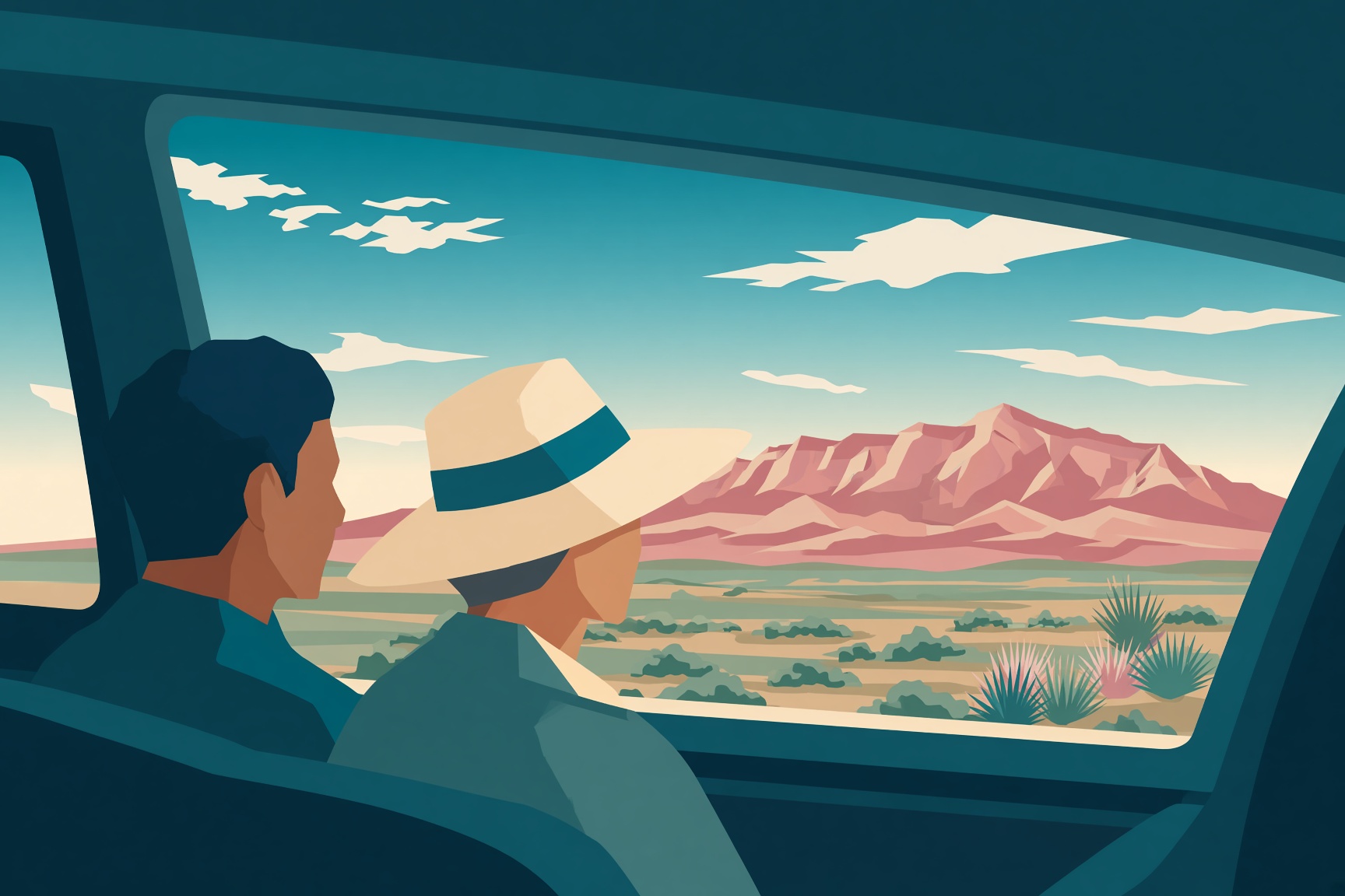 Vector scene of two passengers looking out at the Sandia Mountains